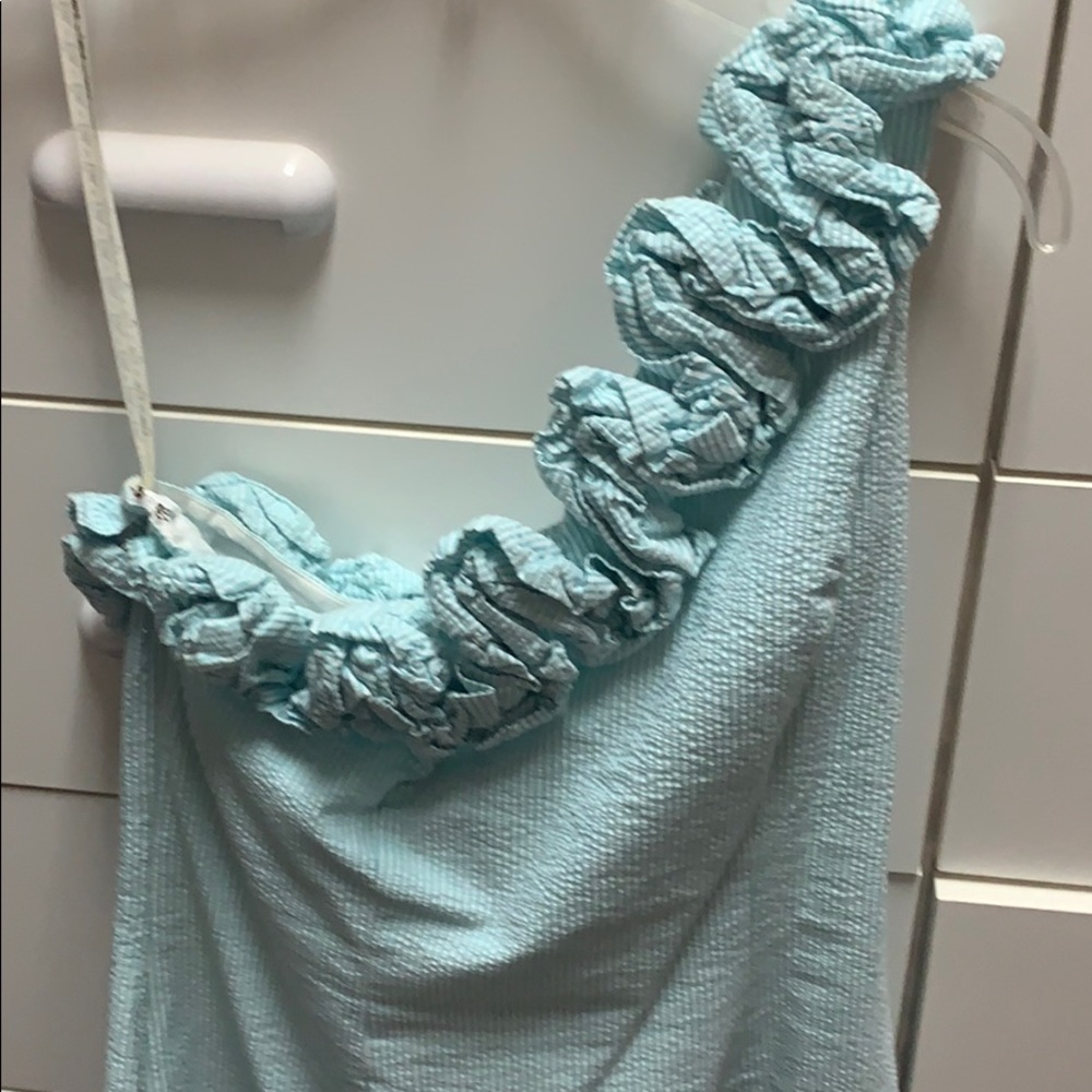 Lilly Pulitzer green seersucker one shoulder dress